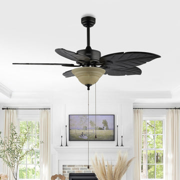 Poinciana 52" Coastal Bohemian Iron/Wood Palm Leaf LED Ceiling Fan with Pull Chain - JONATHAN Y